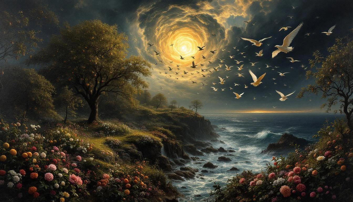 A luminous garden paradise beyond a dark sea with birds flying toward it at sunset