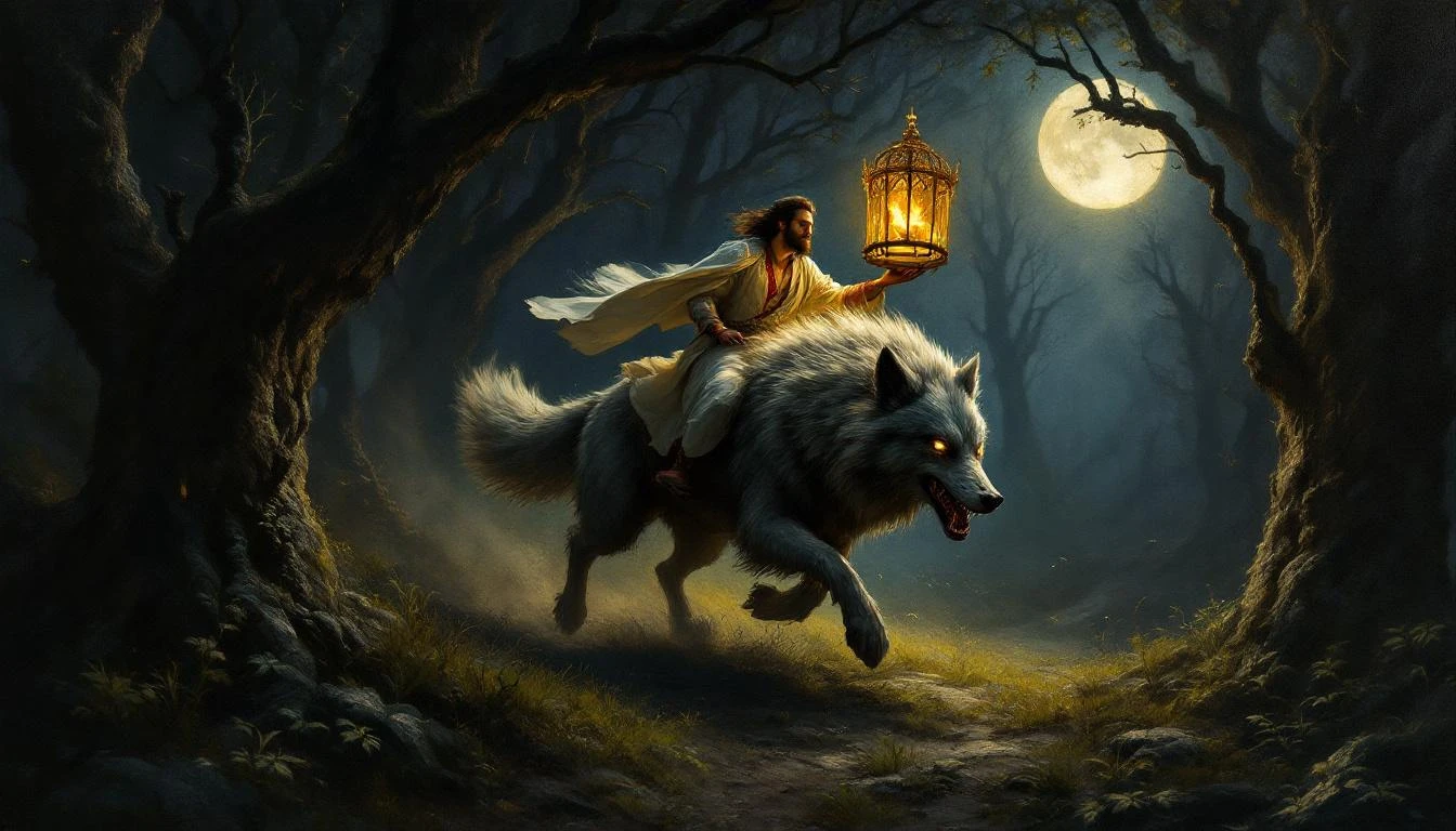 A young prince in a simple caftan riding a grey wolf through a dark enchanted forest
