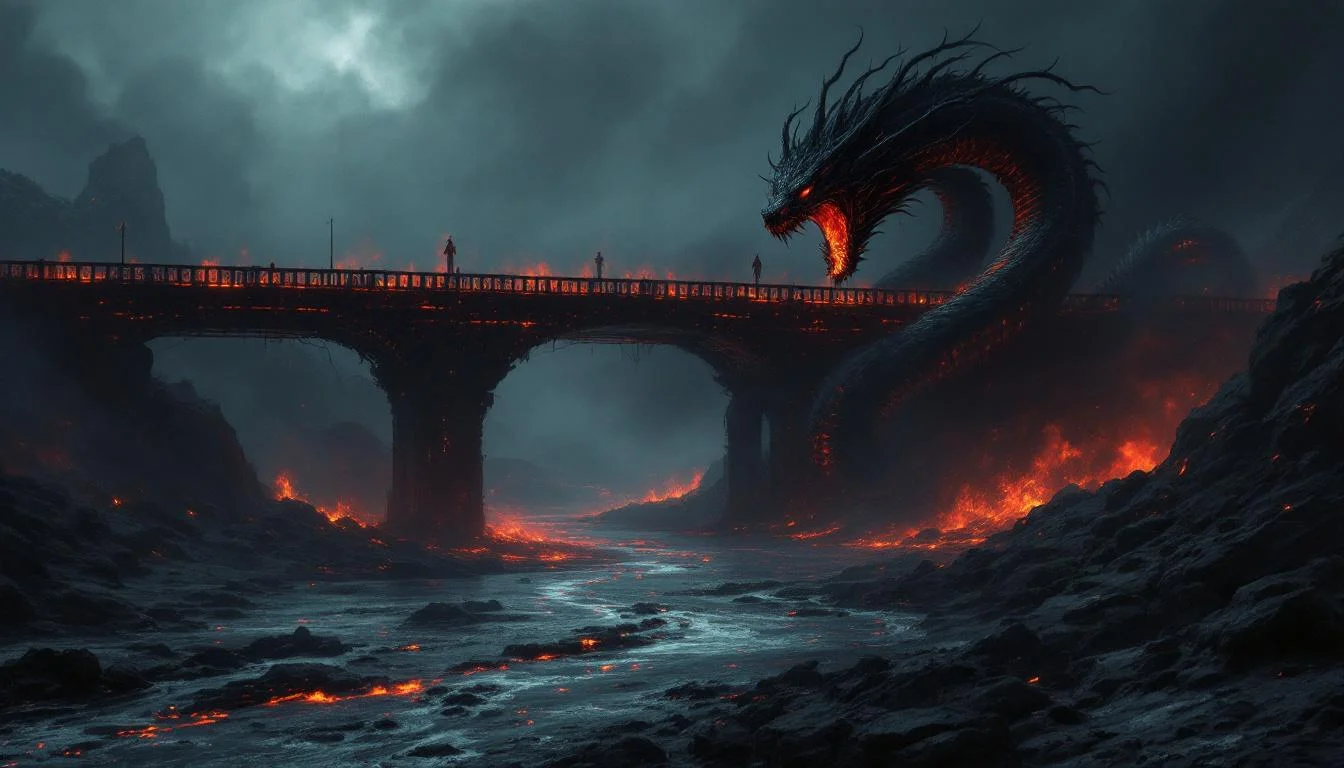 A dark stone bridge over a river of fire with a serpent dragon guardian in Slavic underworld