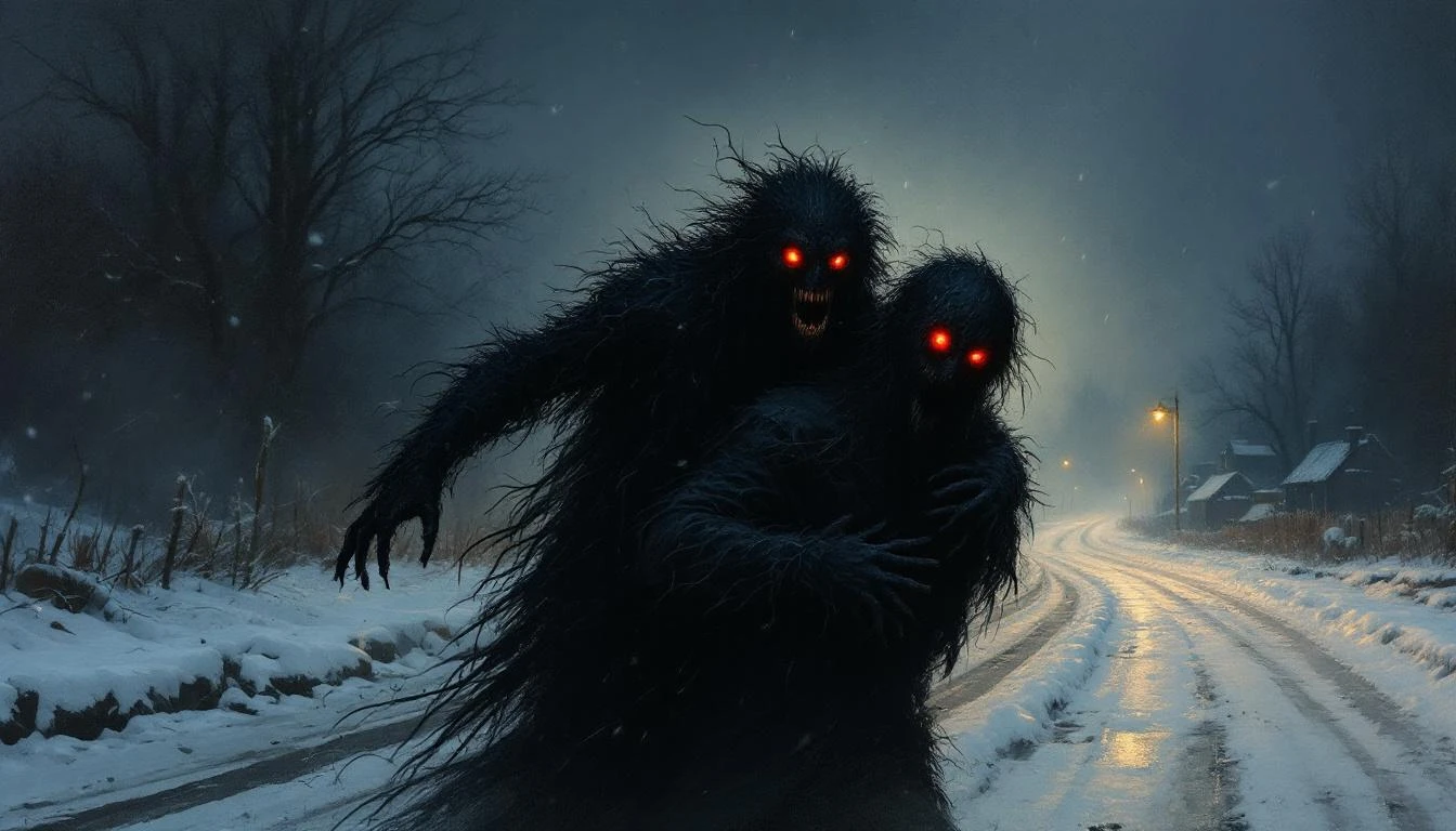 A dark hairy humanoid creature with glowing eyes leaping onto a traveler back at night