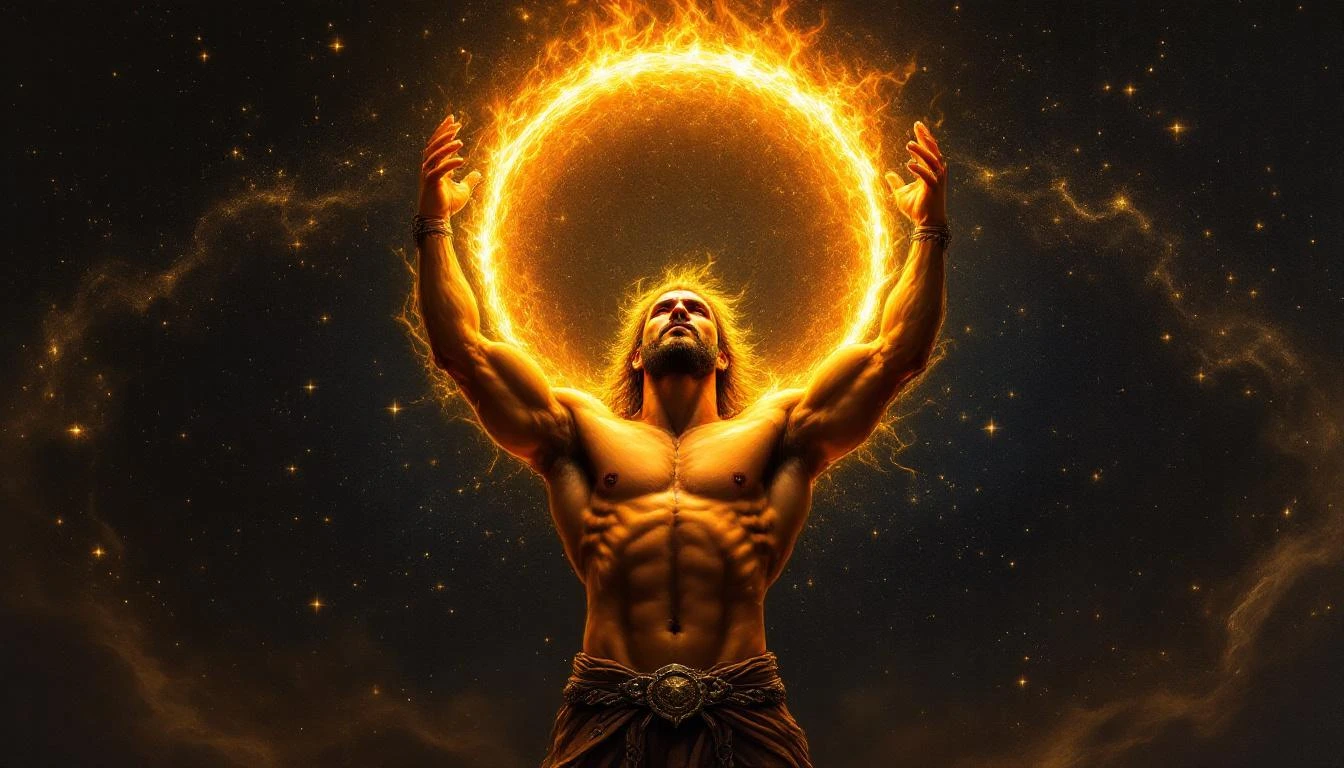 A radiant golden figure holding a blazing sun disc against a dark sky