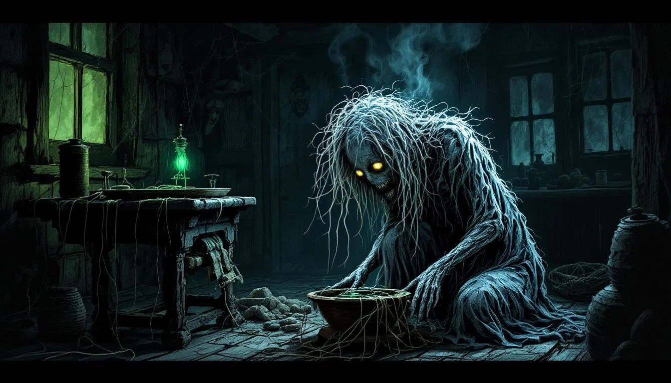 A grotesque pale creature with matted hair and glowing eyes spinning thread in a dark room