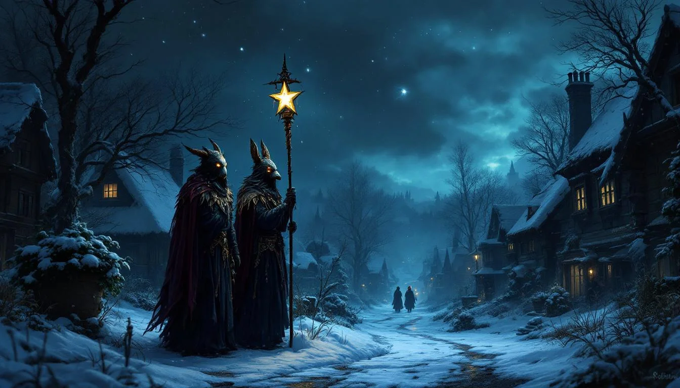 Masked Slavic carolers in animal costumes carrying a star through a snowy village at night
