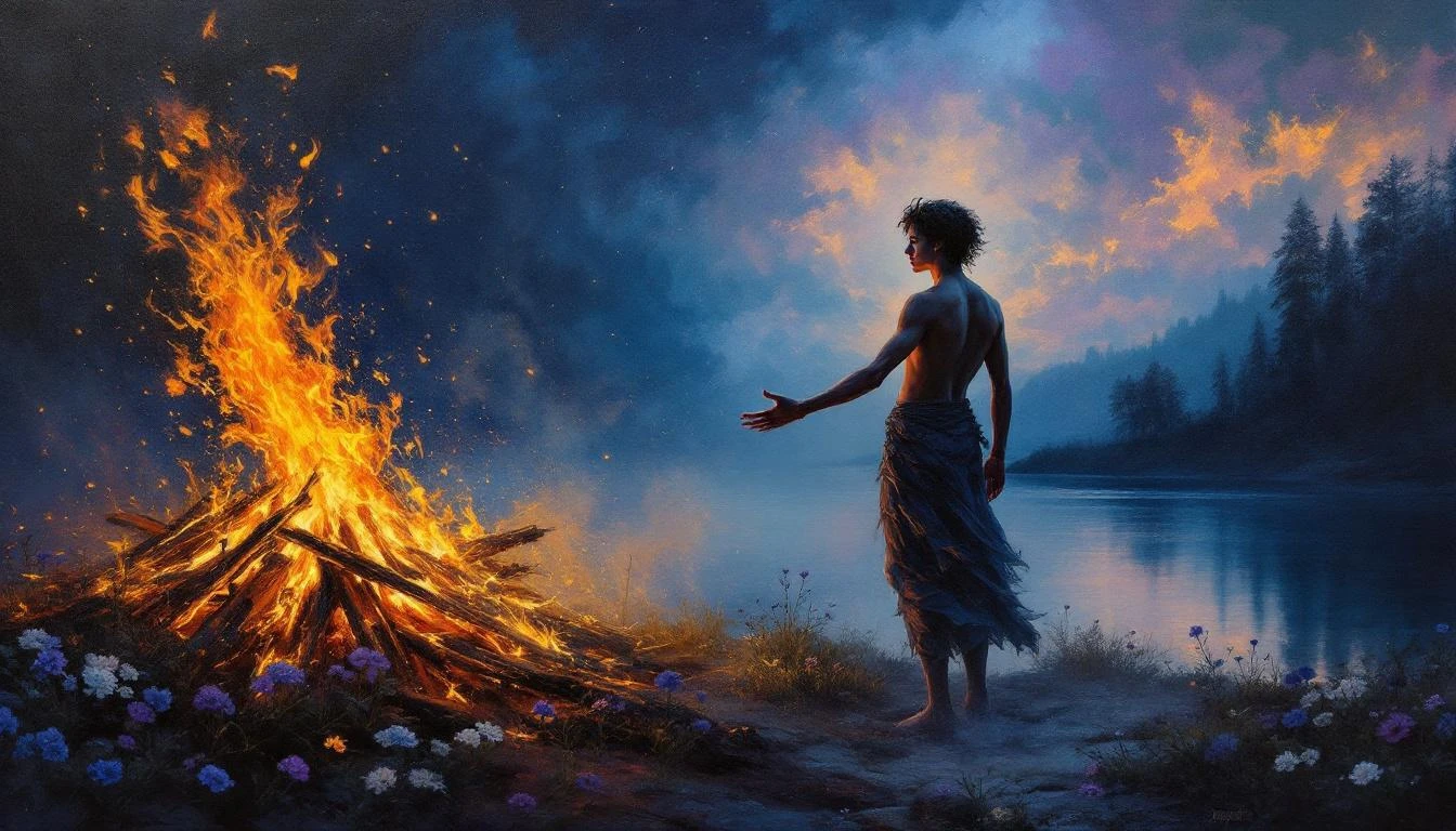 A radiant young deity standing between fire and water at midsummer twilight
