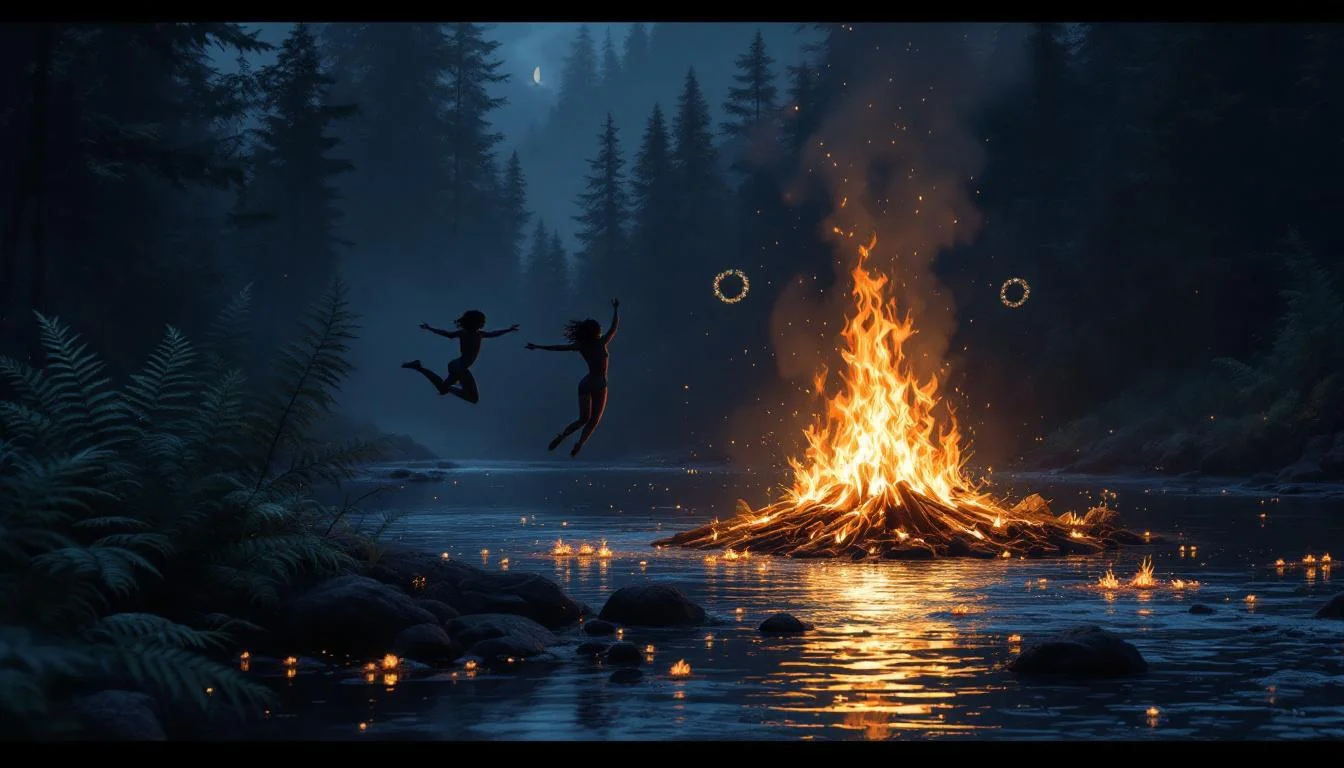 Silhouetted figures jumping over a bonfire by a river on Kupala Night with flower wreaths