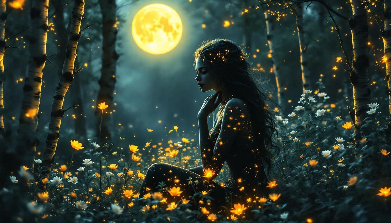 A beautiful woman with golden hair sitting in a moonlit birch forest surrounded by flowers