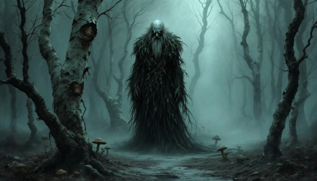A tall humanoid forest spirit covered in dark leaves with green glowing eyes among birch trees