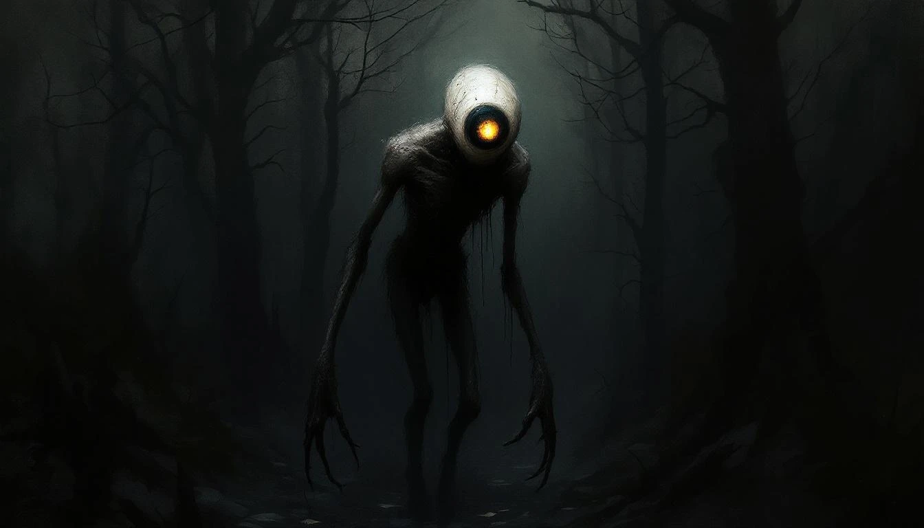 A gaunt one-eyed humanoid creature lurking in shadows with a single glowing eye