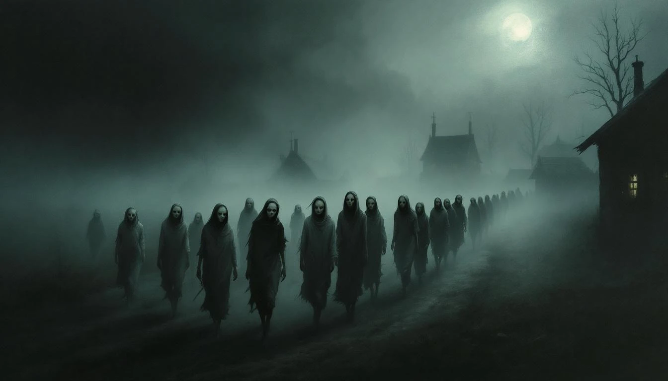Twelve gaunt pale women in tattered white clothes walking in a line through a dark village