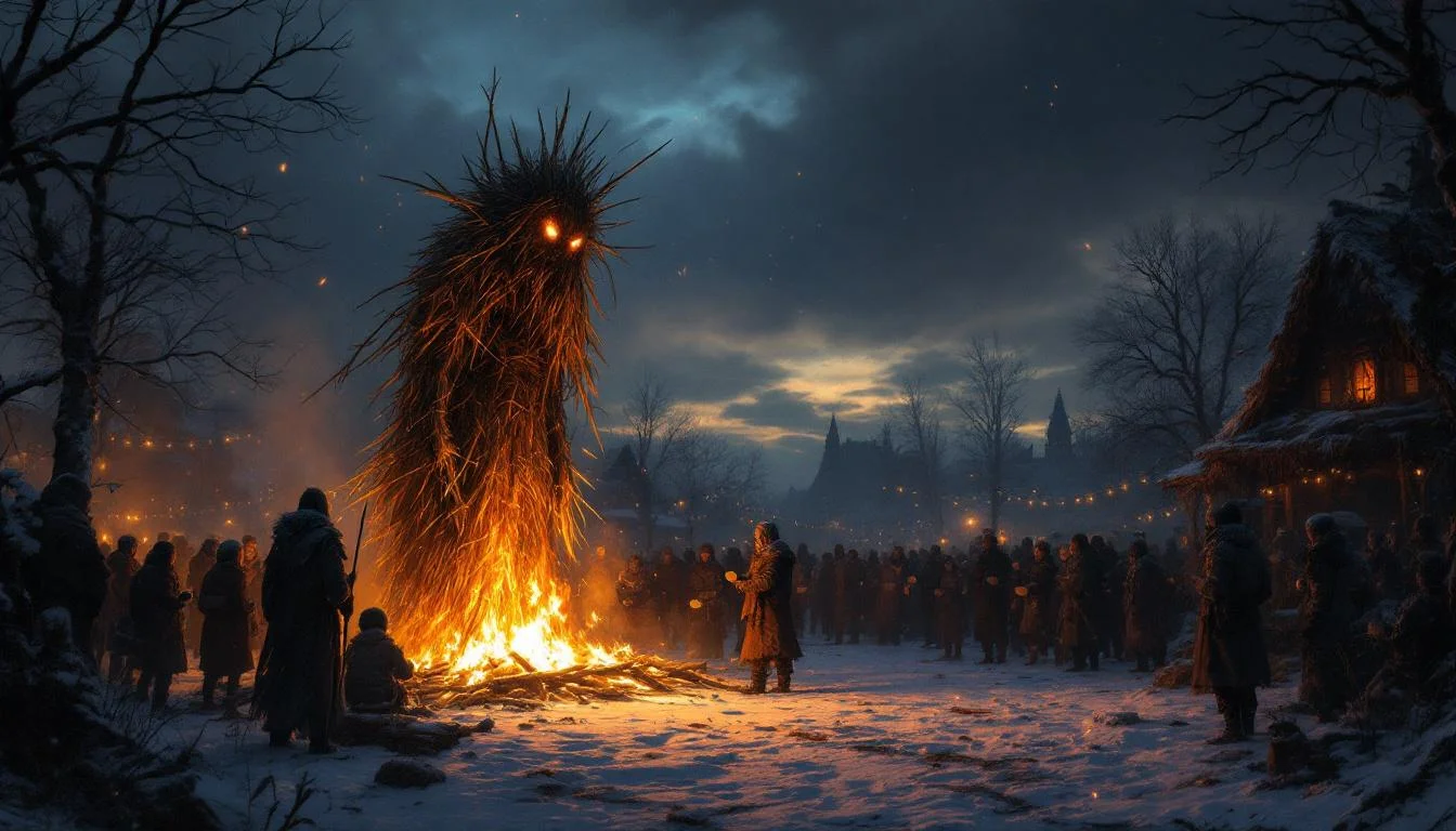 A burning straw effigy of Maslenitsa surrounded by villagers in a snowy field at night