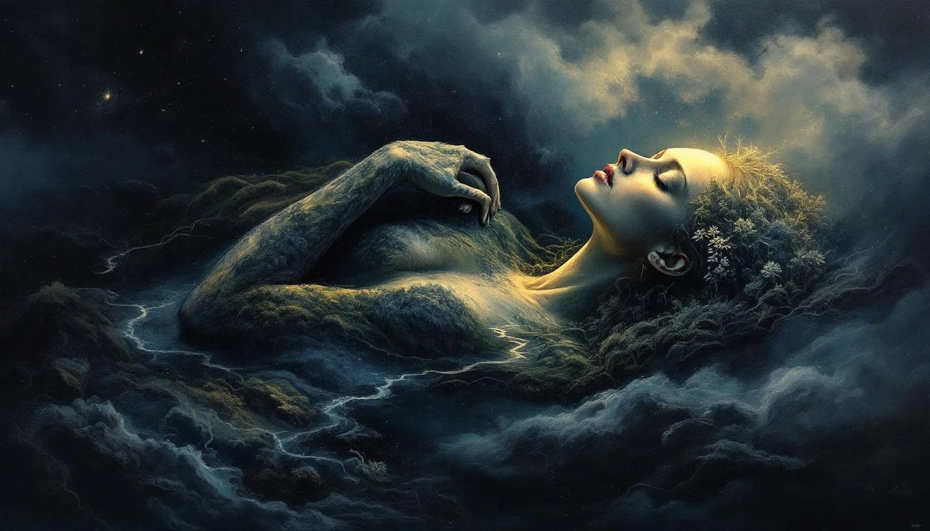 A vast dark landscape where the earth itself has the subtle form of a sleeping woman