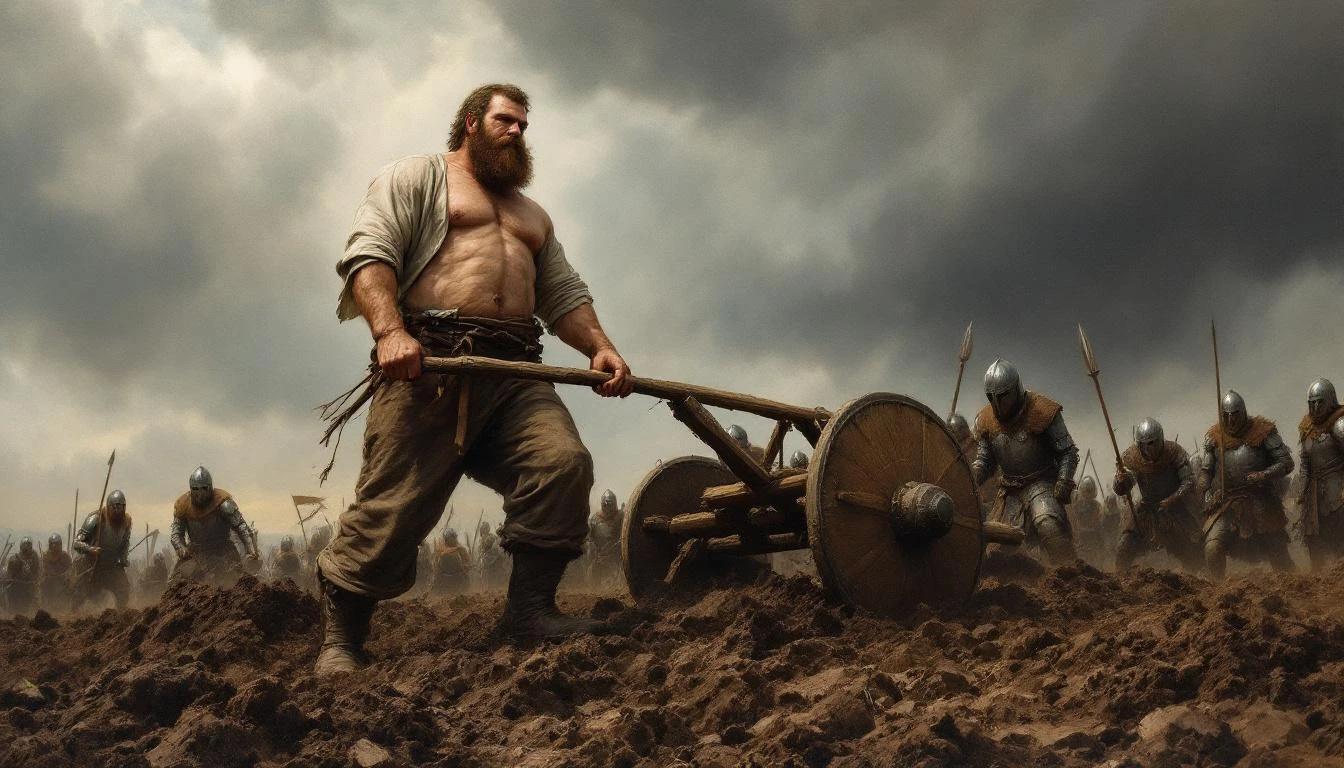 A powerful peasant farmer effortlessly pulling a massive plow through dark rich earth