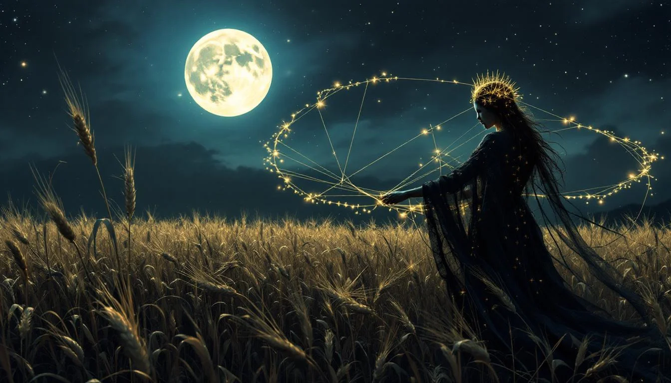Mokosh the Slavic earth mother goddess standing in a wheat field under moonlight spinning golden thread