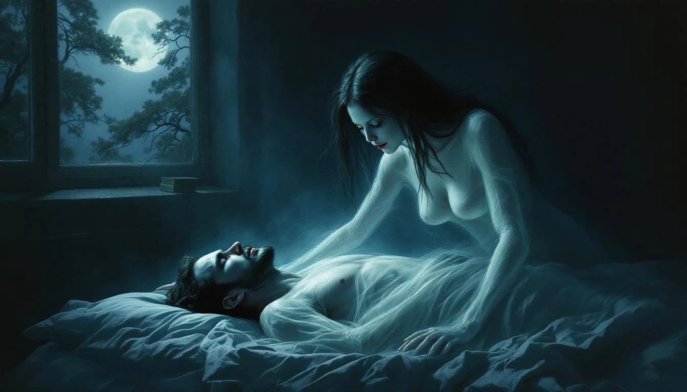 A dark translucent female spirit pressing down on a sleeping person in a moonlit room