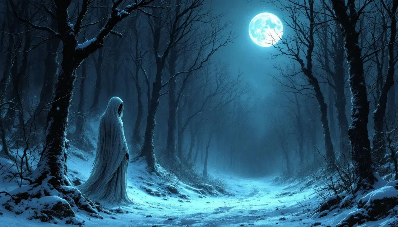 A ghostly white female figure in flowing robes standing in a snowy winter forest