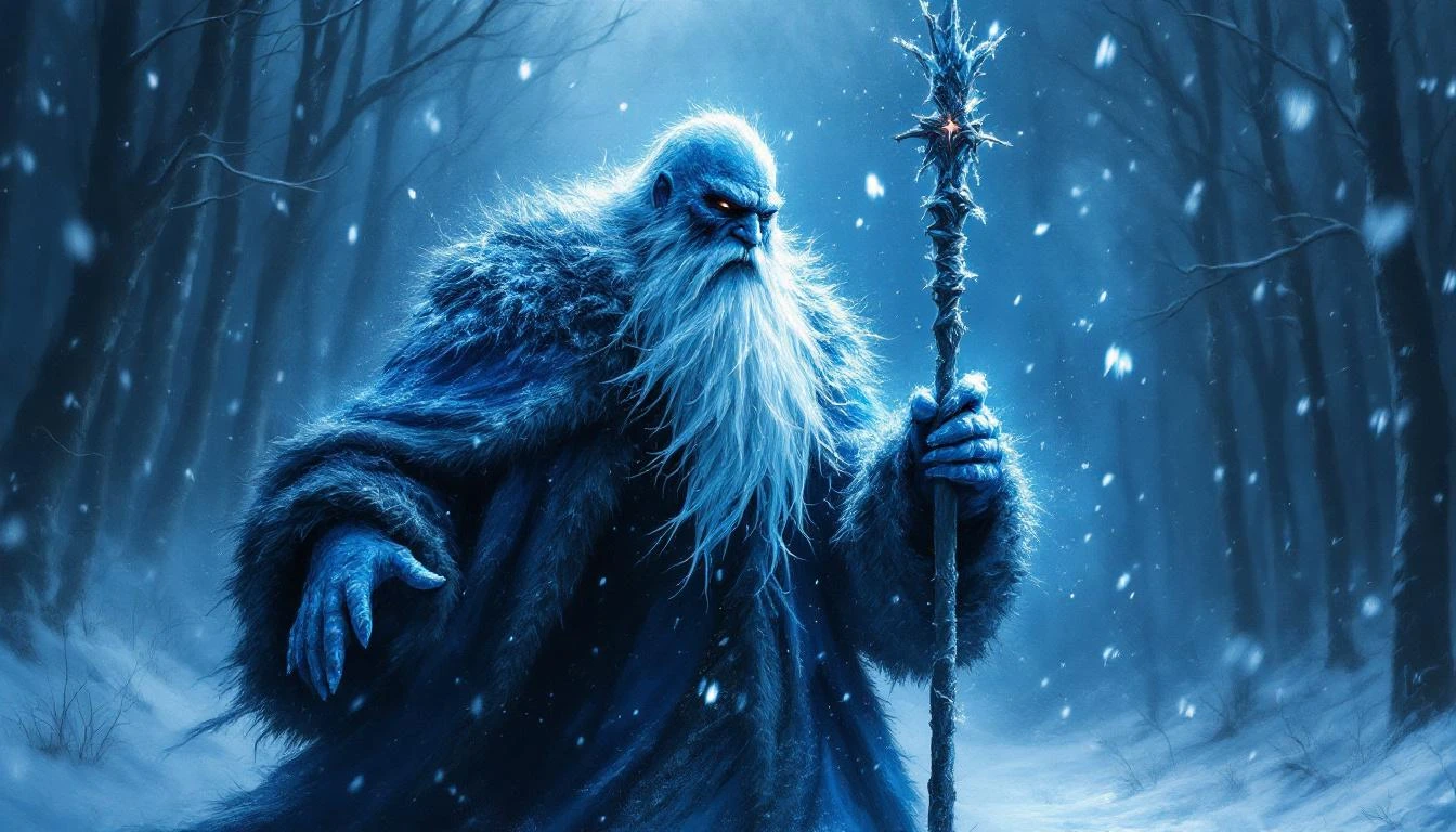 A towering frost spirit with ice-blue eyes and a long white beard standing in a frozen Slavic forest