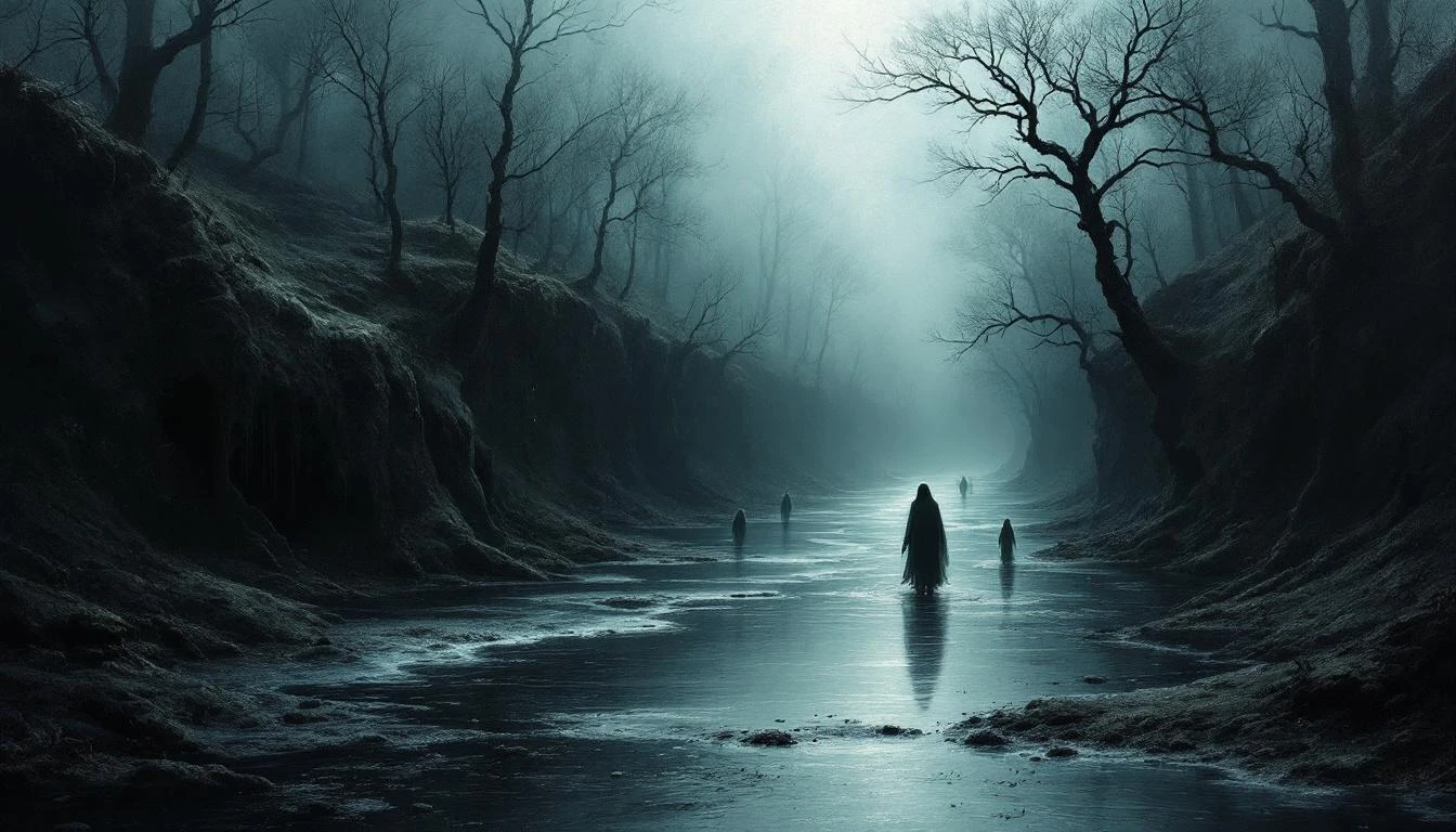 A dark underground realm with ghostly pale figures
