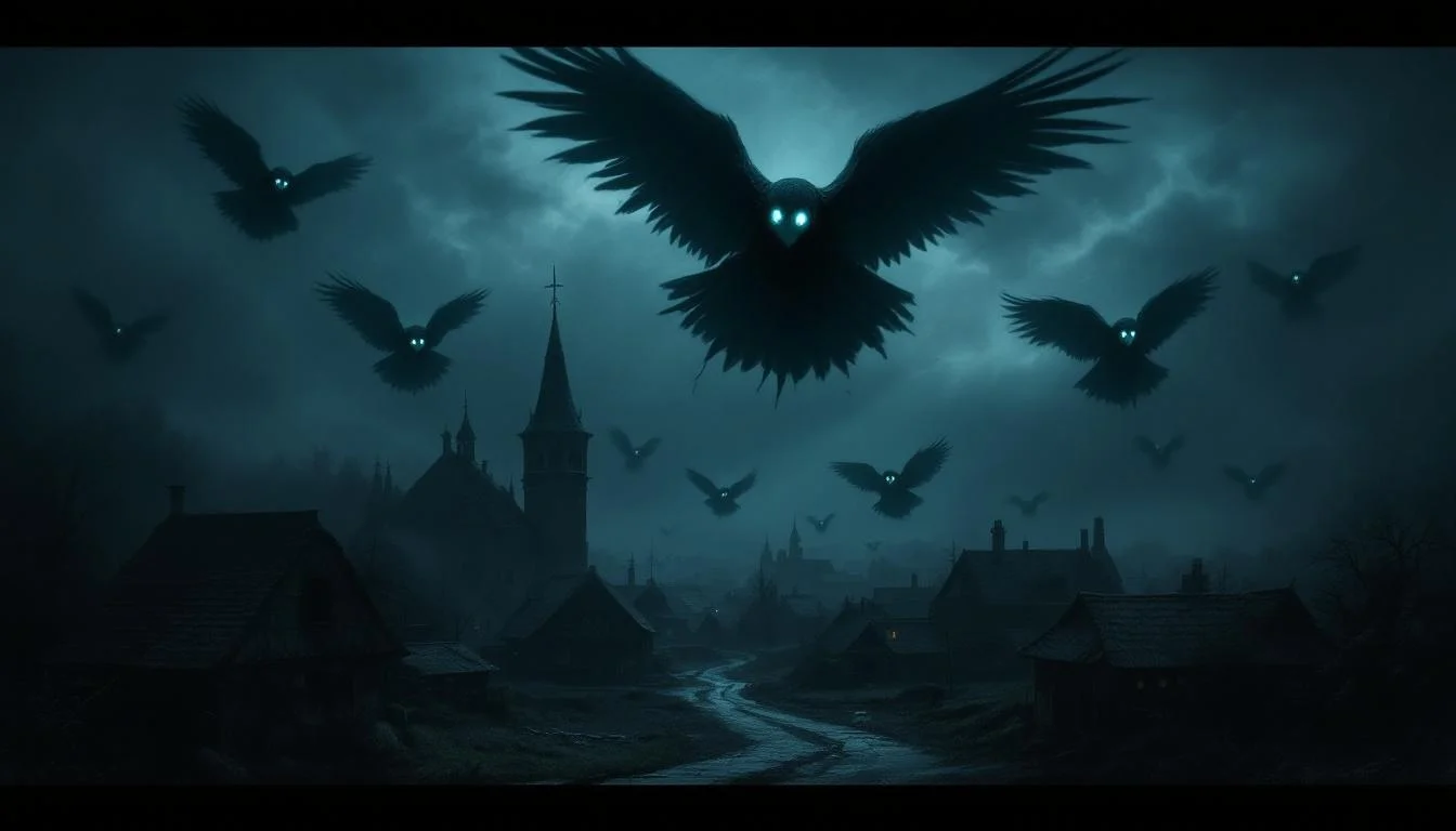 Dark spectral birds with glowing eyes flying over a moonlit Slavic village at night