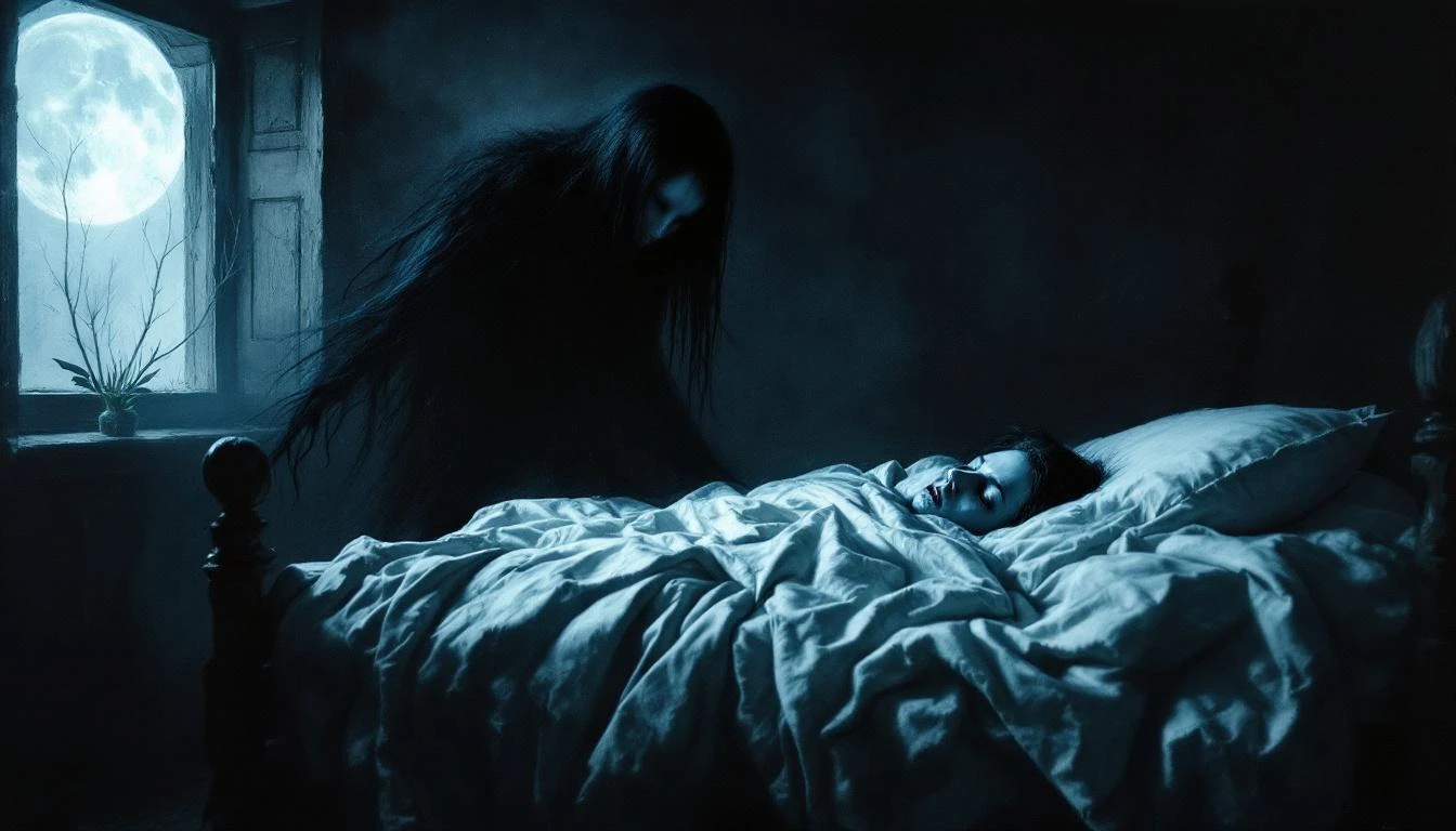 A dark shadowy female figure hovering over a sleeping person in a dim bedroom