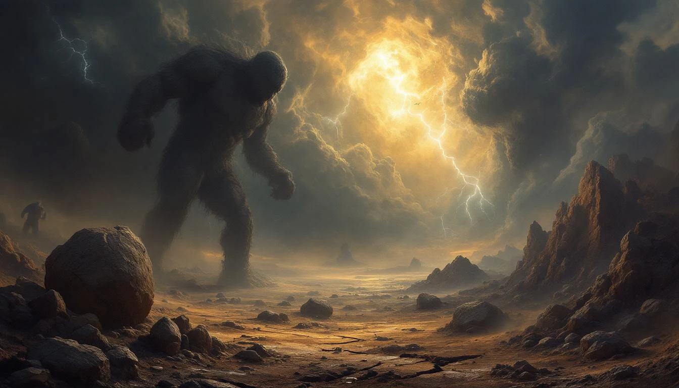 Massive ancient giants hurling boulders across a dark primordial landscape