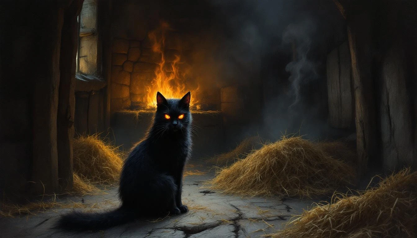 A massive black cat with glowing red eyes crouching inside a dark threshing barn, embers floating in the air around ancient wooden beams