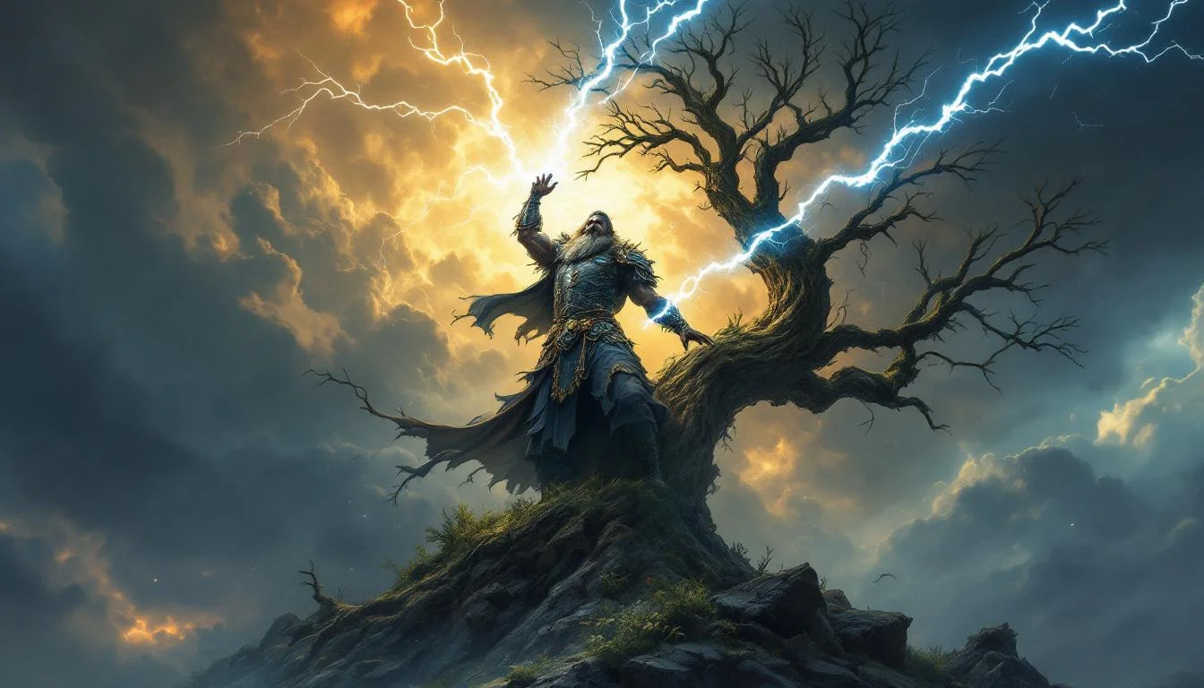 Perun the Slavic thunder god standing on a hilltop calling down lightning from storm clouds