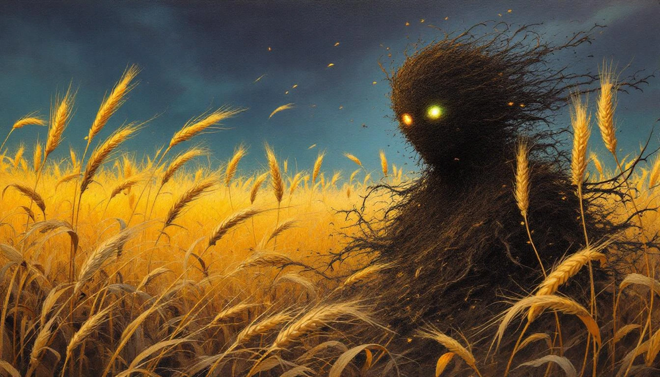 A dark earthy spirit figure barely visible among tall wheat stalks in a sunlit field