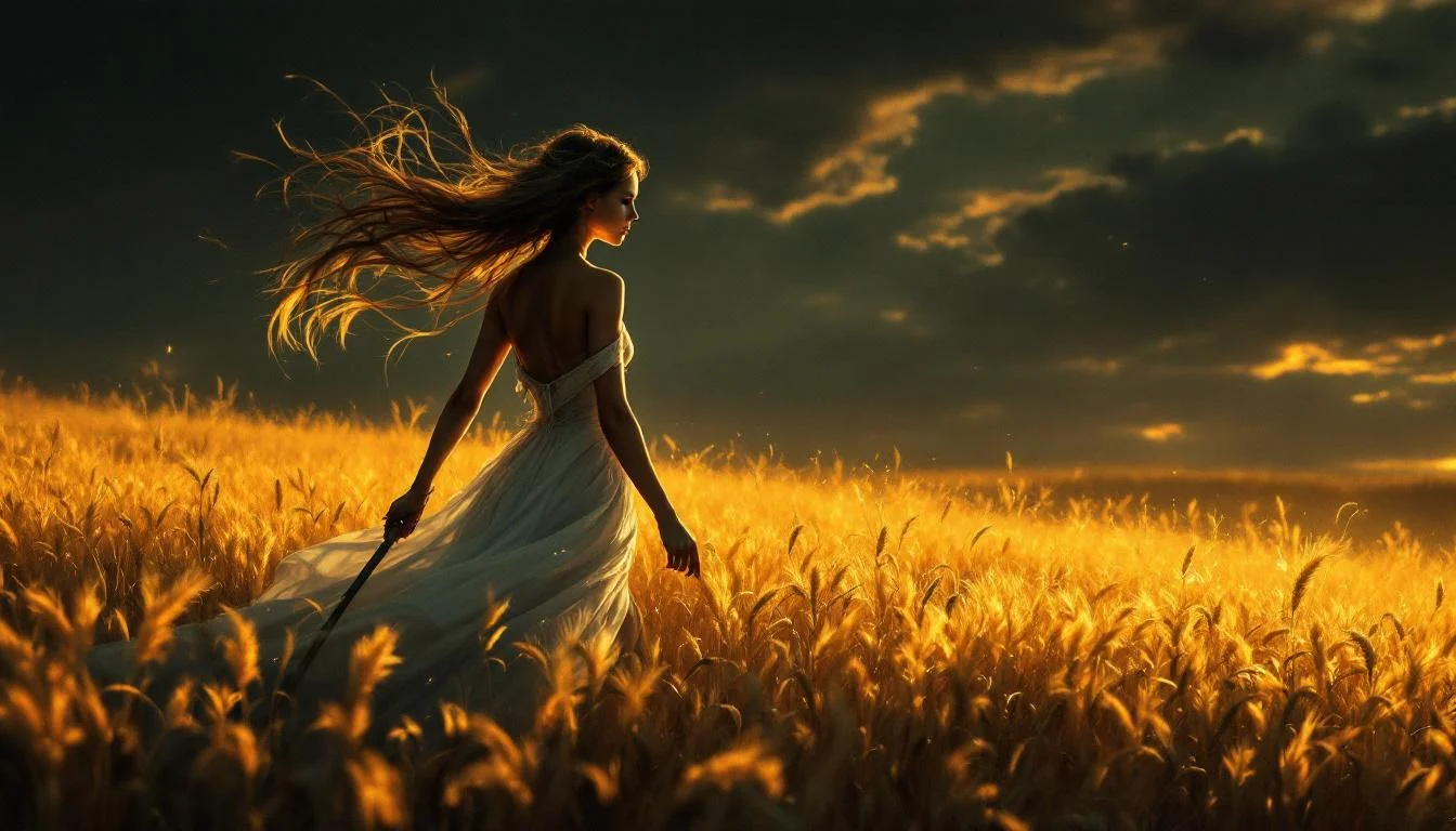 A young woman in a white dress walking through a golden wheat field at sunset