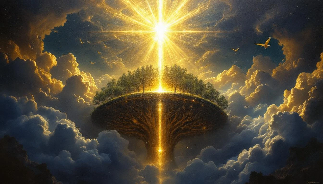 A luminous celestial realm above clouds with golden light