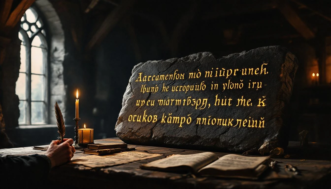 Ancient Slavic runic inscriptions carved into weathered oak wood with candlelight casting warm shadows across the letters