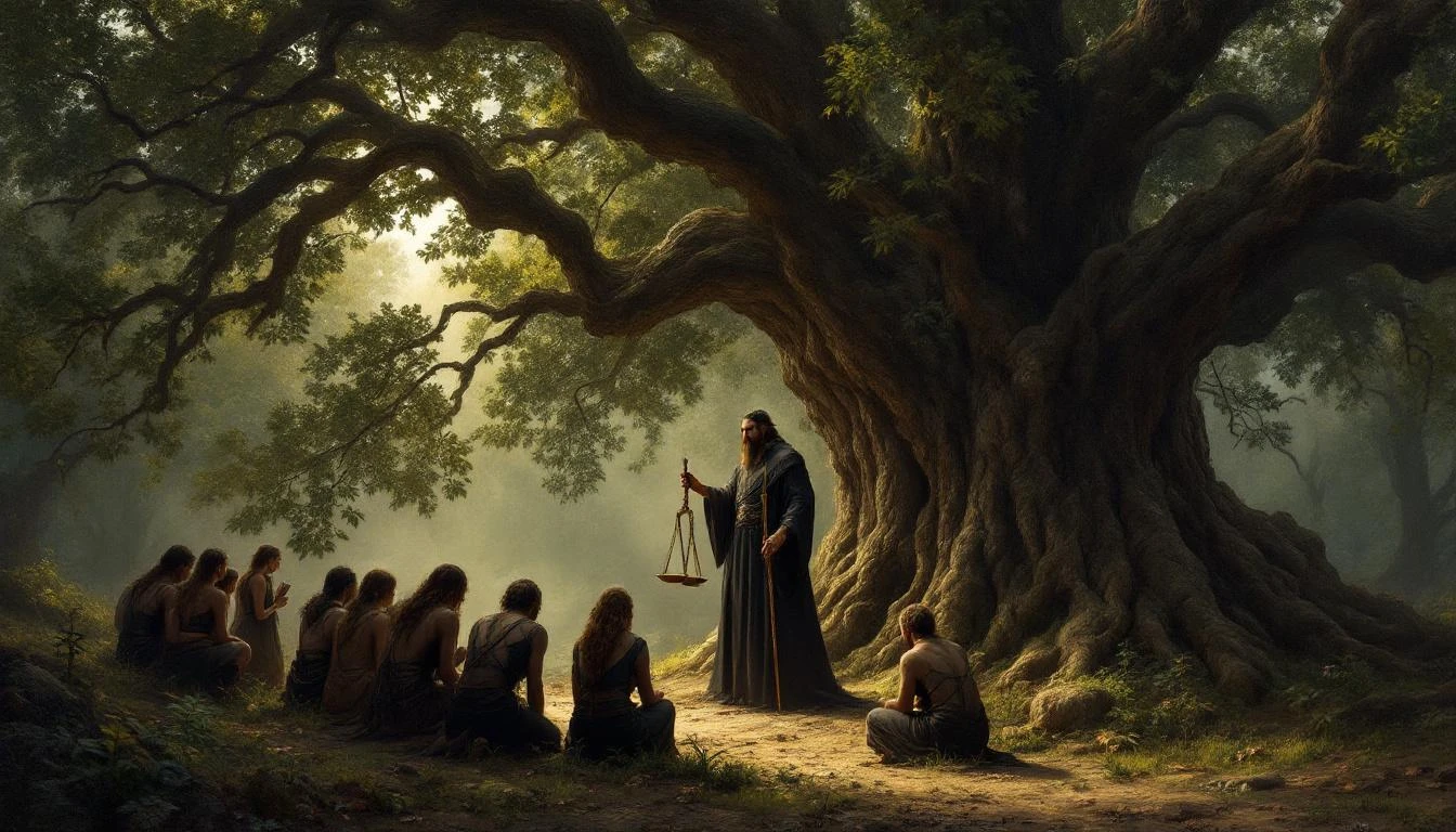 A stern deity figure beneath a massive ancient oak holding scales of justice