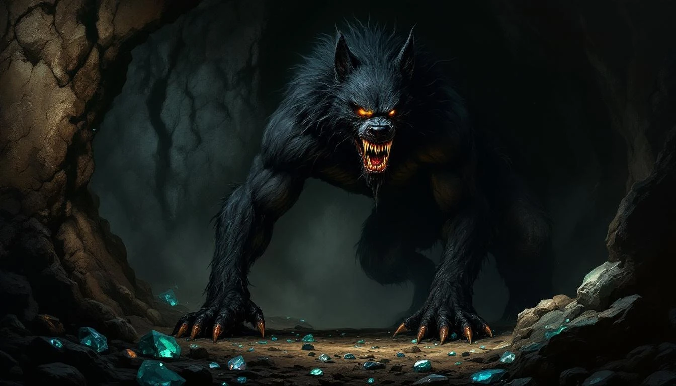 A monstrous figure with a snarling dog head, single glowing eye, iron teeth, and horse legs standing at the mouth of a dark cave filled with gemstones