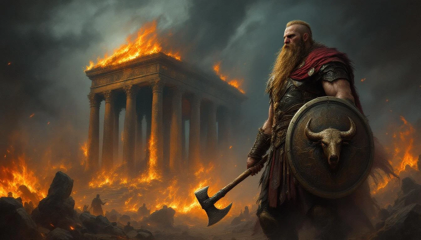 A powerful warrior god with a bull head shield standing before a burning temple