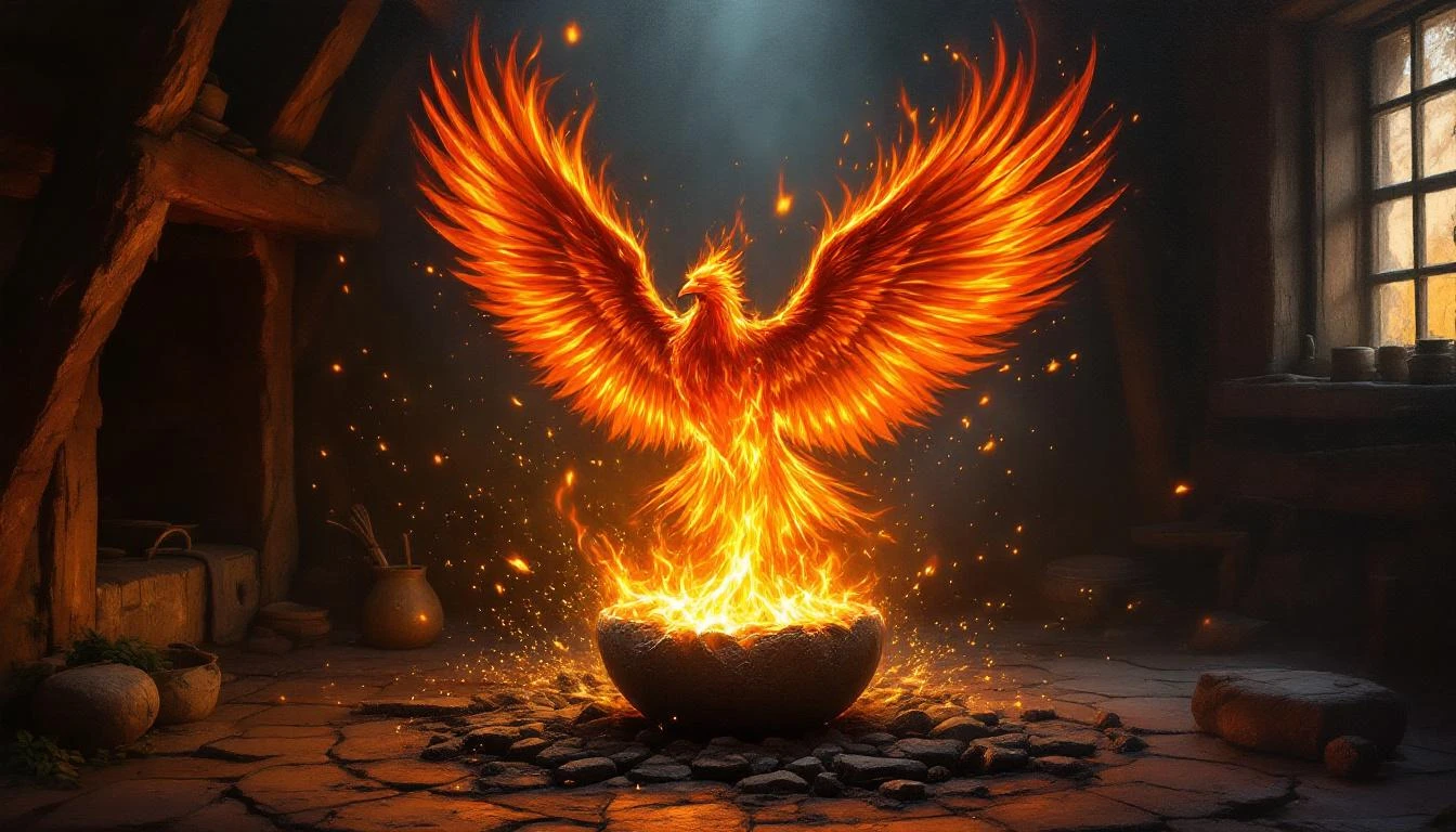 A blazing falcon made of fire bursting from an egg on a dark hearth