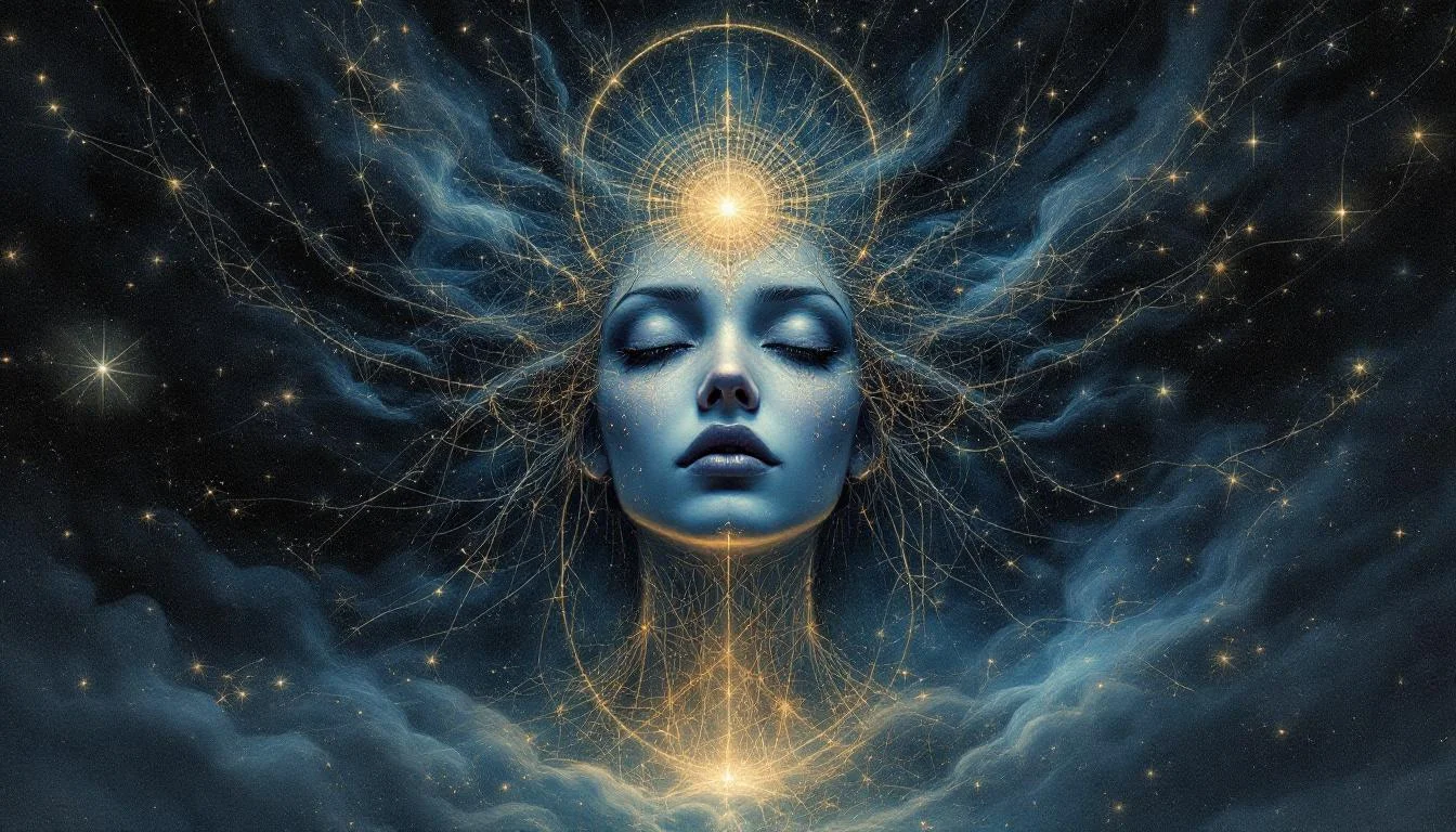 A cosmic feminine face with closed eyes surrounded by golden light threads and stars