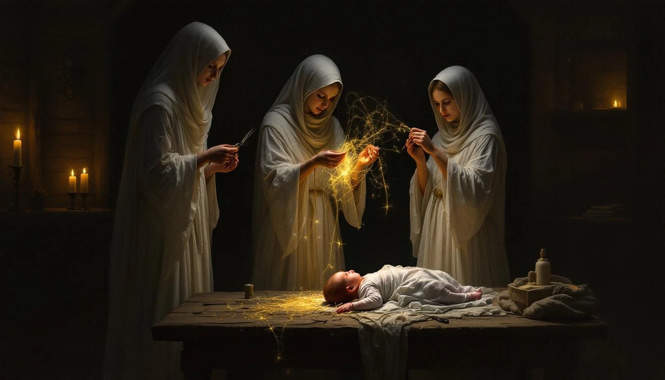 Three ethereal women spinning golden threads over a newborn child in a dark room