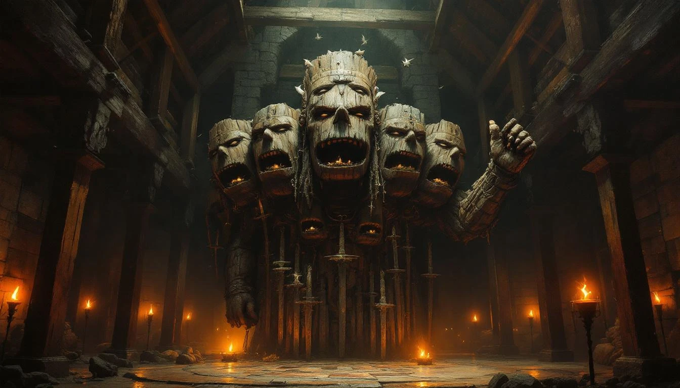 A massive seven-headed wooden idol of a Slavic war god holding multiple swords