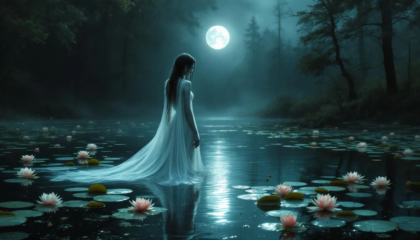 A pale woman in a flowing white dress standing in a moonlit lake among water lilies
