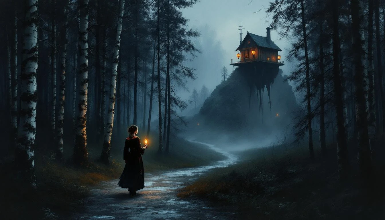 A dark atmospheric scene of a Russian fairy tale with a forest, hut, and magical creatures