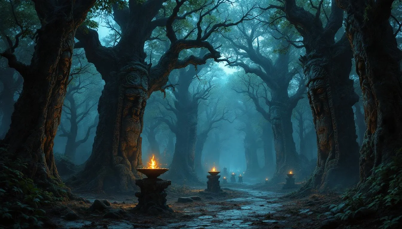 A dark forest grove with ancient carved tree trunks and stone altars with fire bowls