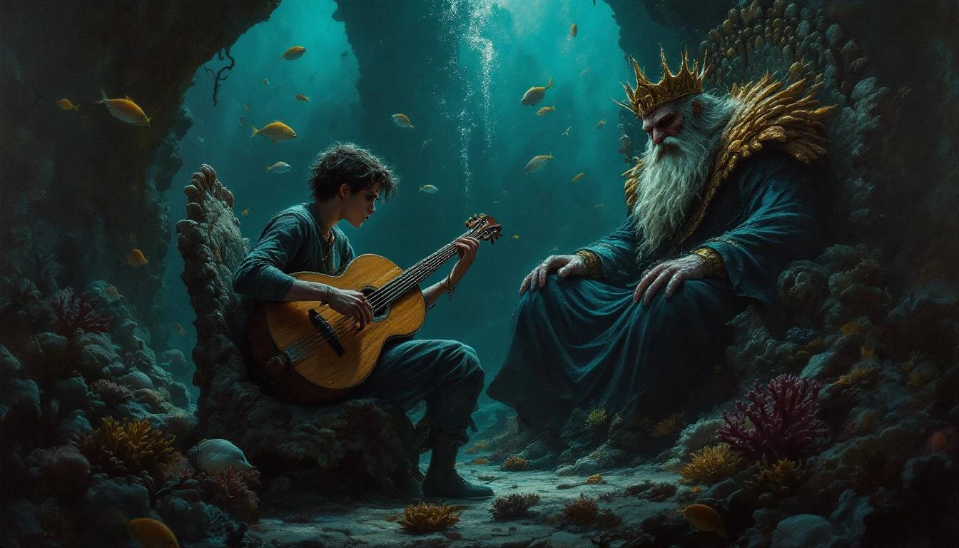 A young merchant playing a stringed gusli instrument at the bottom of the sea before an underwater king