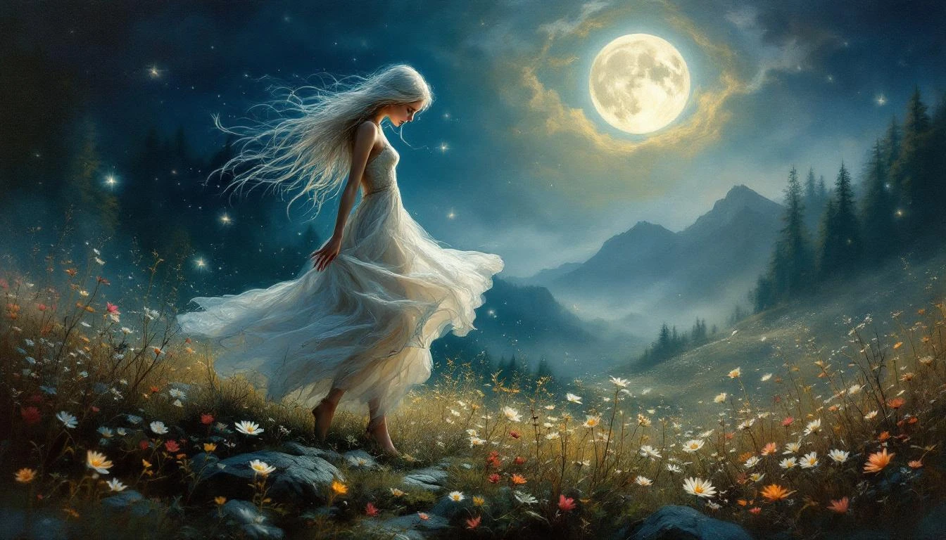 A beautiful ethereal woman with flowing white hair dancing in a moonlit Bulgarian mountain meadow