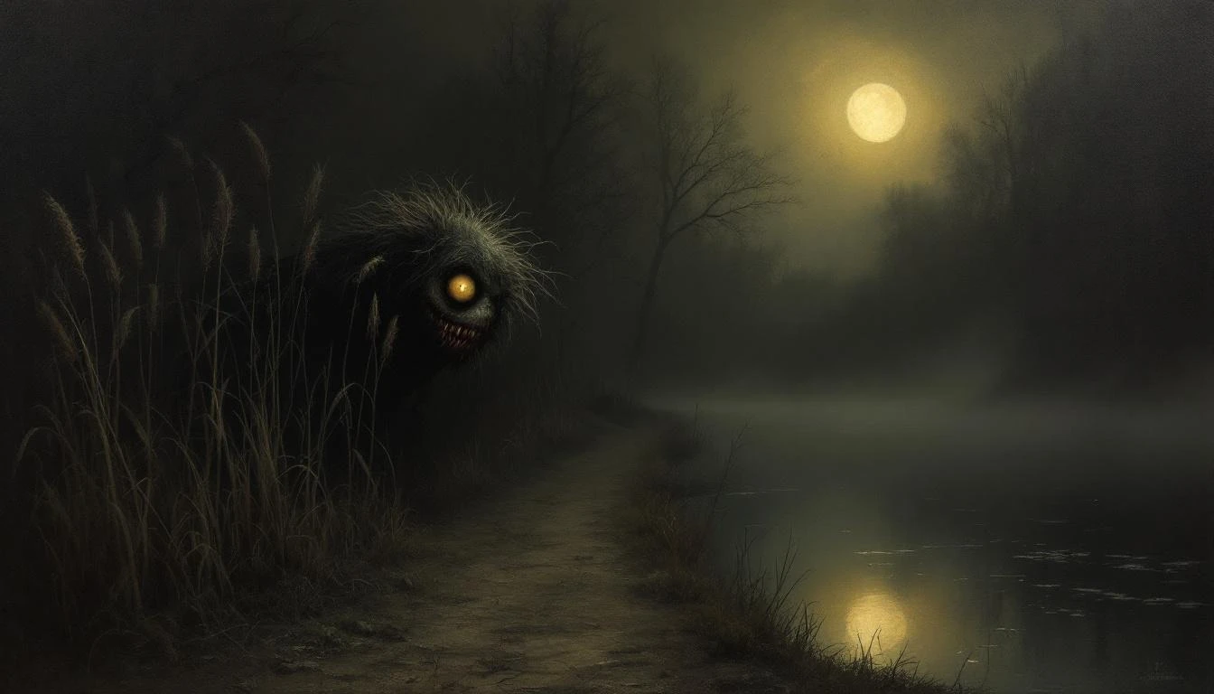 A small ugly hairy creature with wild hair hiding behind reeds near a dark Slavic pond