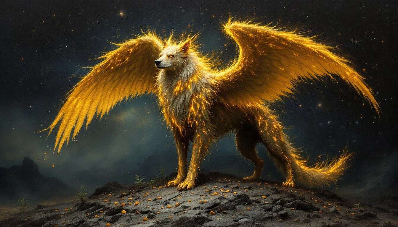 A winged dog-like creature with fiery feathers guarding a sacred tree
