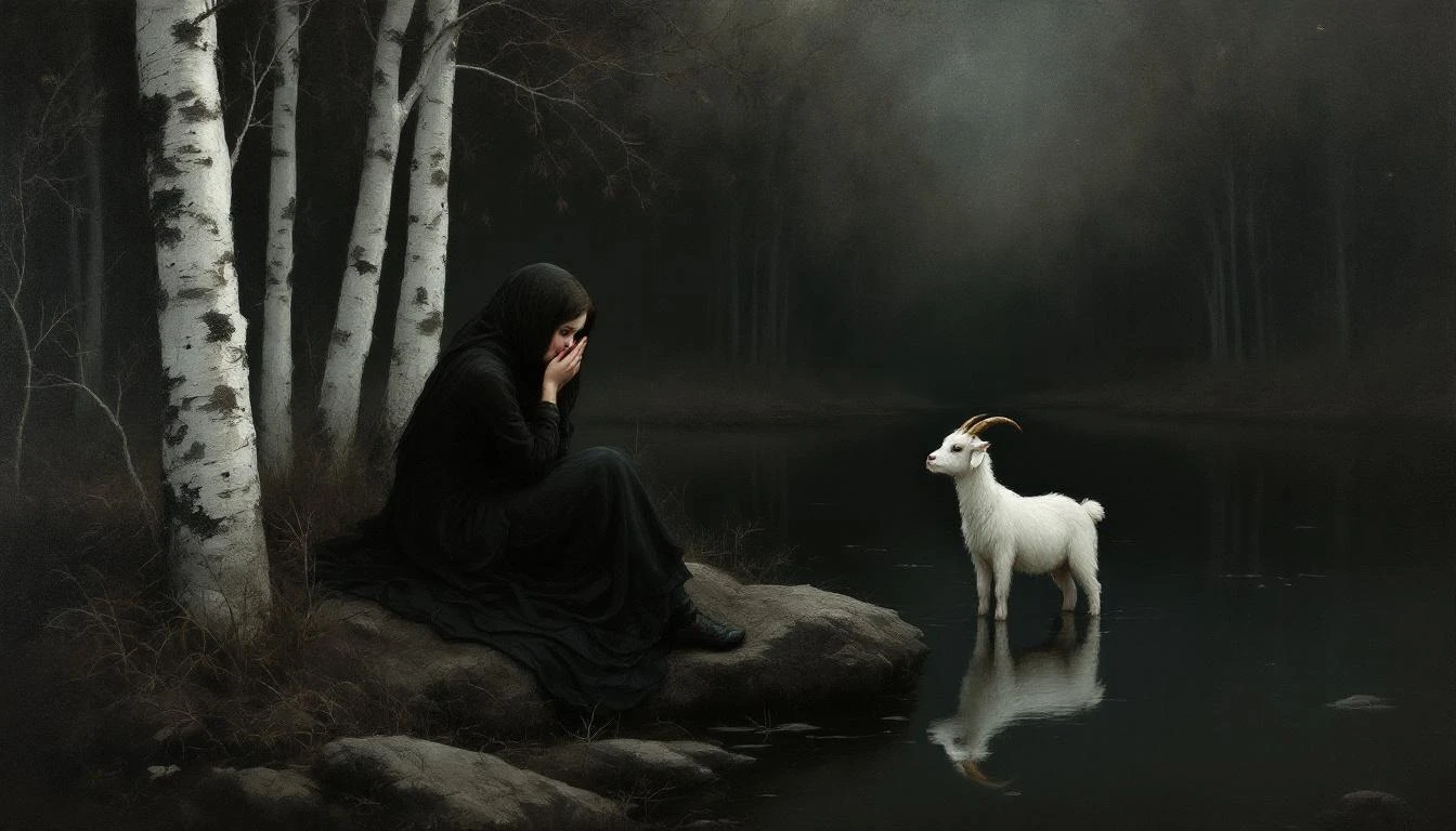 A young woman weeping by a dark lake while a small white goat stands beside her