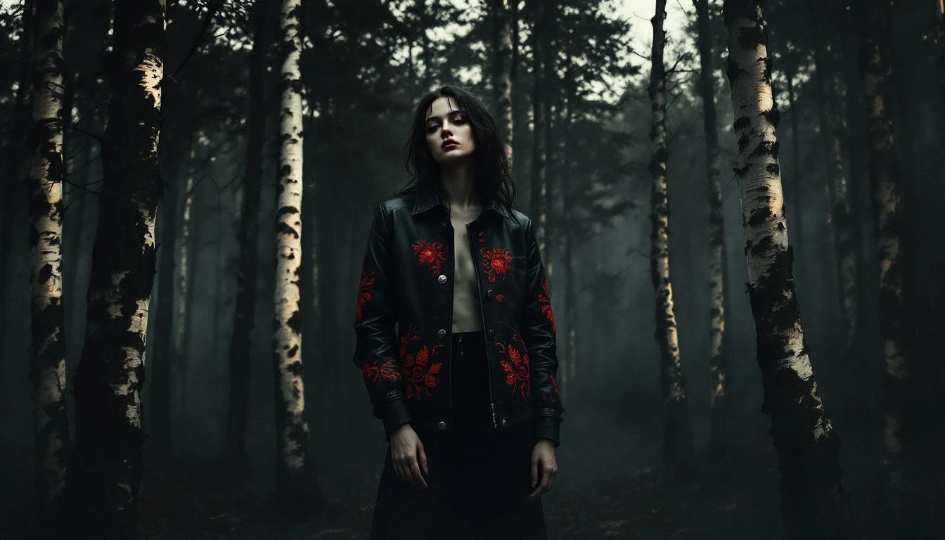 A dark atmospheric scene blending Slavic folk art patterns with modern aesthetic