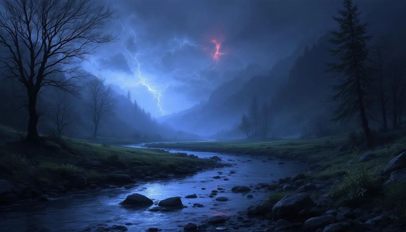A dark landscape with a river and mountains with lightning in a stormy sky