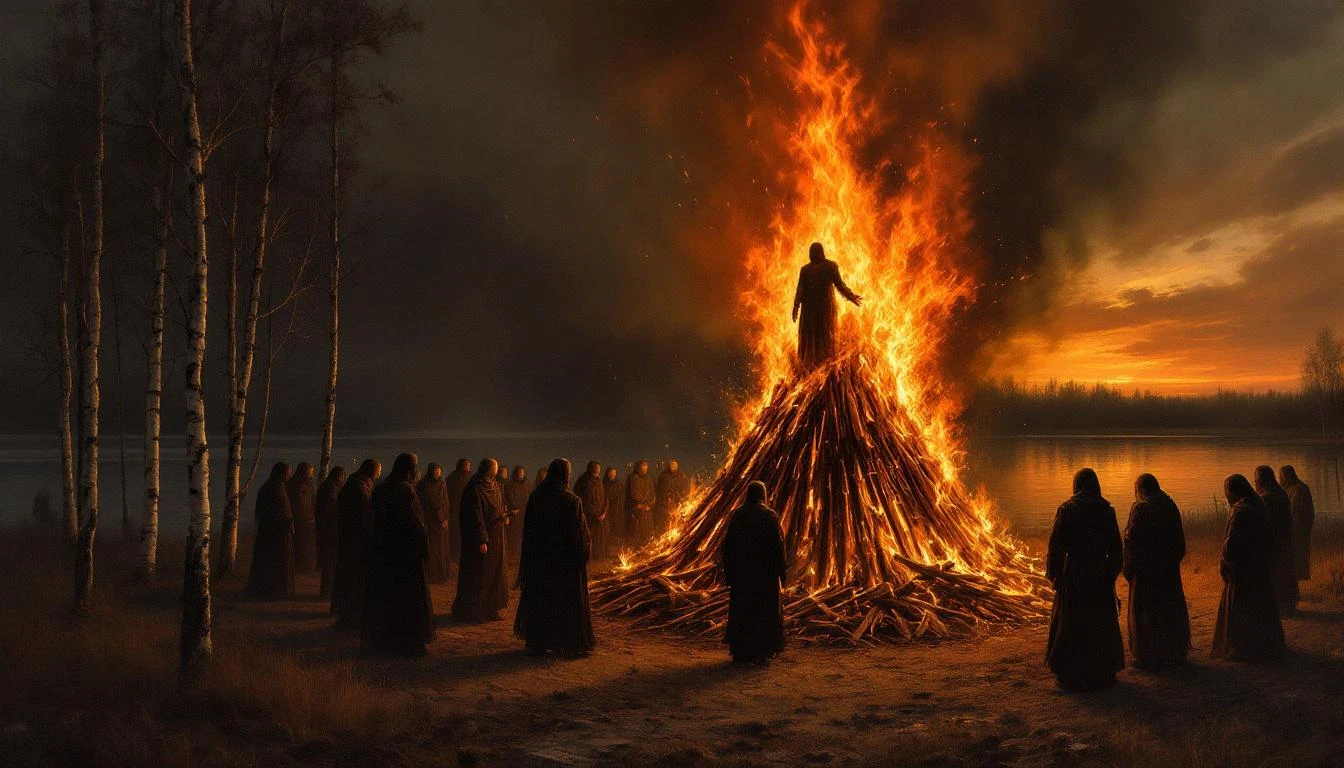 A blazing funeral pyre on a riverbank at dusk, with Slavic mourners gathered around the flames as smoke rises into the darkening sky