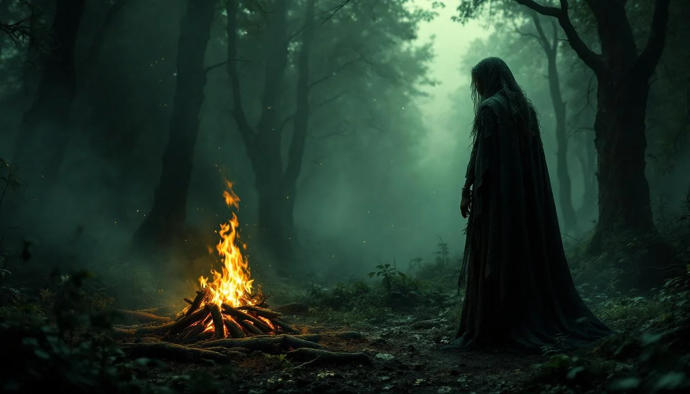A dark figure standing by a fire in a misty Slavic forest performing ancient magic