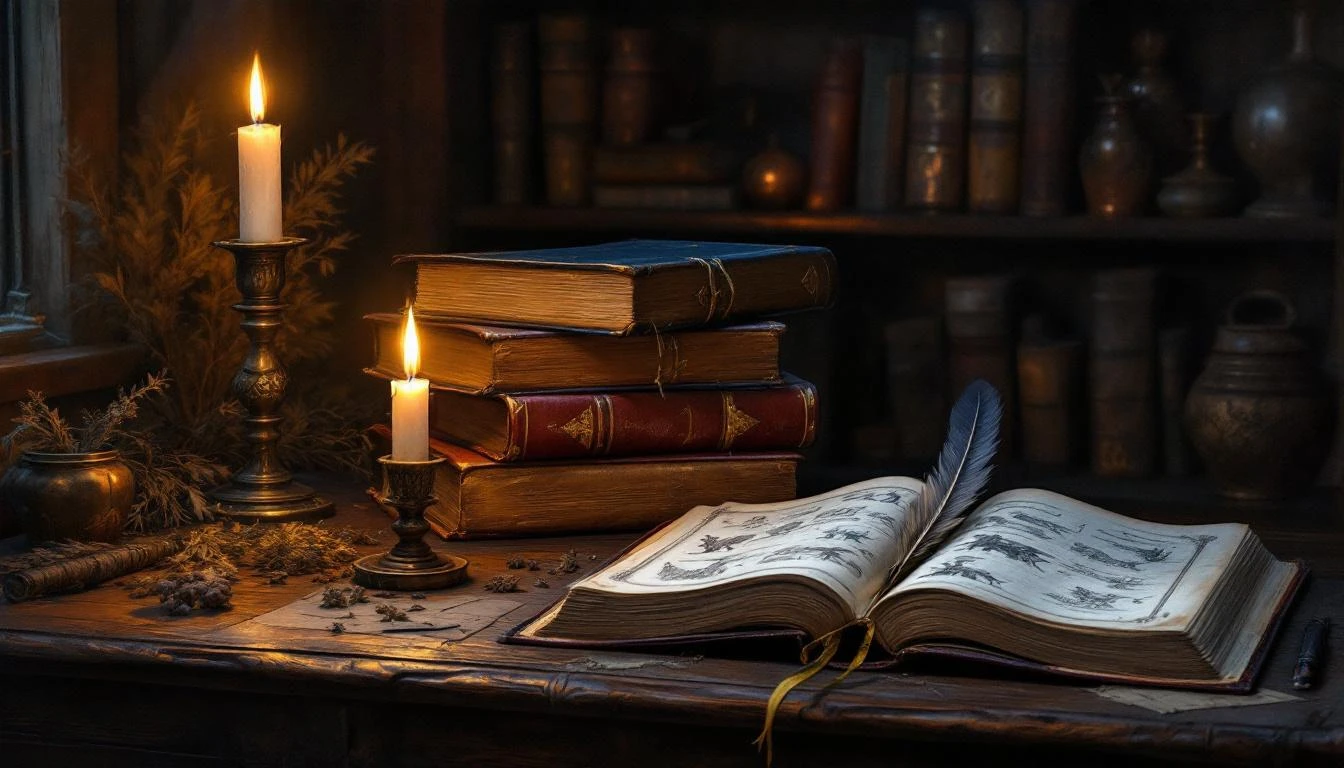 A weathered stack of ancient books on a wooden table beside a carved Slavic idol, candlelight casting long shadows across Cyrillic text